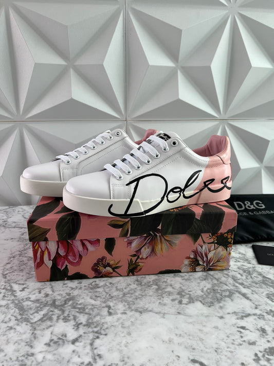 Sneakers piel color blanco con rosa